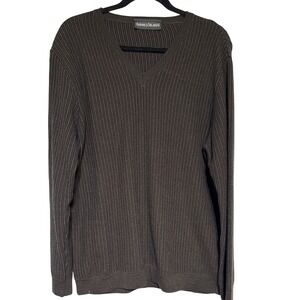 Andrea Silardi Mens Brown Ribbed V Neck Long Sleeve Sweater XL Merino Wool Blend